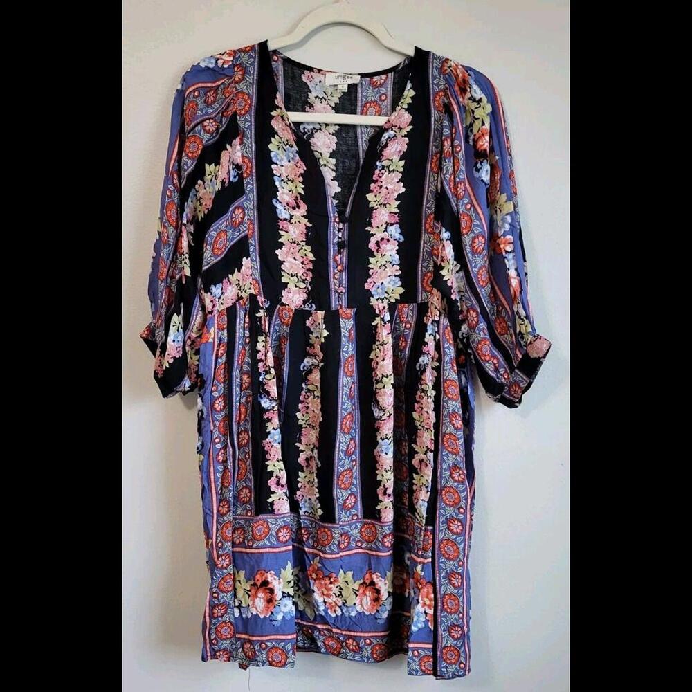Umgee Dress Small Boho Hippie Half Sleeve V Neck Smocked Short Cottage